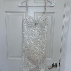Fashion Nova White Beaded & Feather Mini Dress Size L